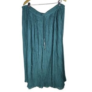 Vtg One Size Midi Hippie Crinkle Cotton Boho Skirt Teal Bells Drawstring India